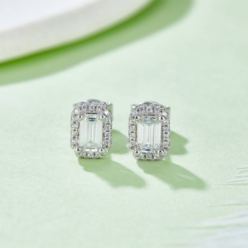 Affordable Luxury长方形S925银镀白金MoissanitePendantStud Earring套装